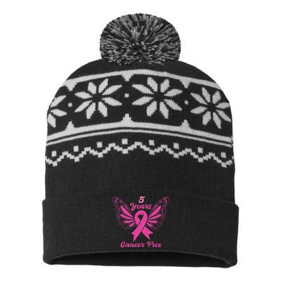 5 Year Cancer Free Breast Cancer Awareness Butterfly Women USA-Made Snowflake Beanie