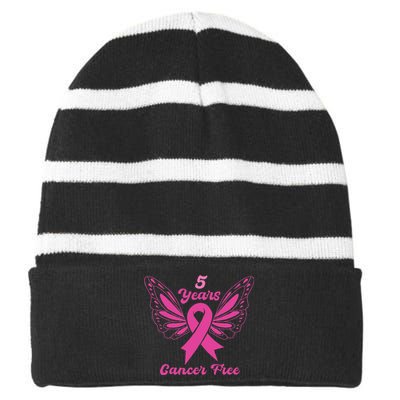 5 Year Cancer Free Breast Cancer Awareness Butterfly Women Striped Beanie with Solid Band