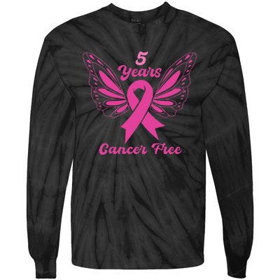 5 Year Cancer Free Breast Cancer Awareness Butterfly Women Tie-Dye Long Sleeve Shirt