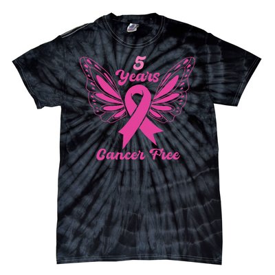 5 Year Cancer Free Breast Cancer Awareness Butterfly Women Tie-Dye T-Shirt