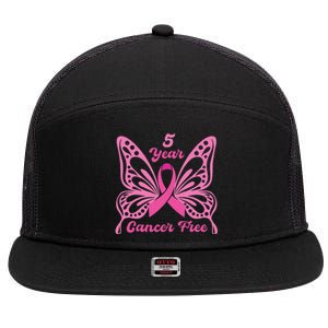 5 Year Cancer Free Breast Cancer Awareness Butterfly Women 7 Panel Mesh Trucker Snapback Hat