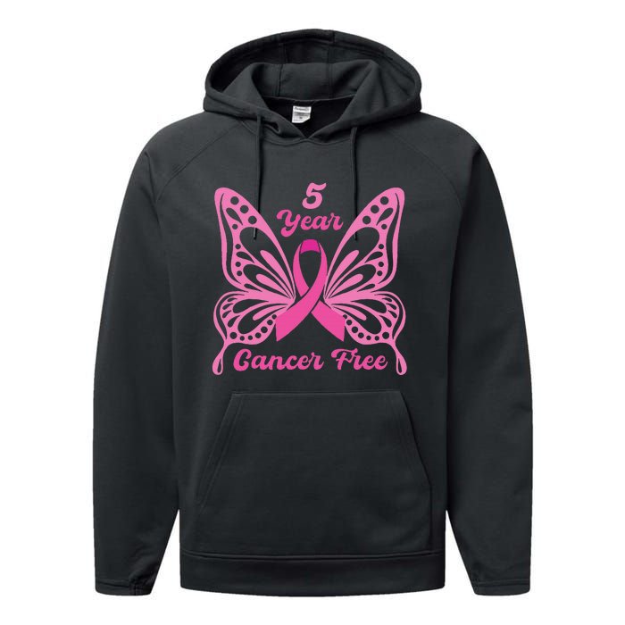 5 Year Cancer Free Breast Cancer Awareness Butterfly Women Performance Fleece Hoodie