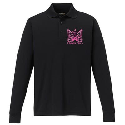 5 Year Cancer Free Breast Cancer Awareness Butterfly Women Performance Long Sleeve Polo