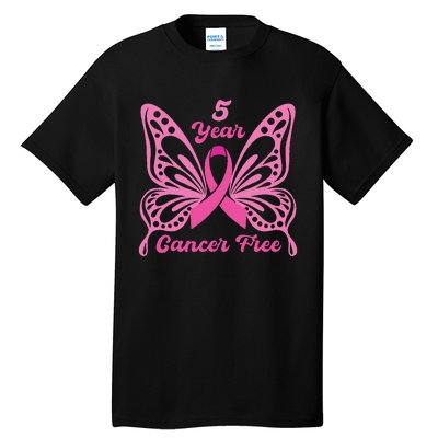 5 Year Cancer Free Breast Cancer Awareness Butterfly Women Tall T-Shirt