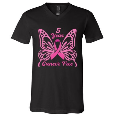 5 Year Cancer Free Breast Cancer Awareness Butterfly Women V-Neck T-Shirt