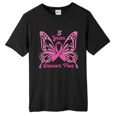 5 Year Cancer Free Breast Cancer Awareness Butterfly Women Tall Fusion ChromaSoft Performance T-Shirt