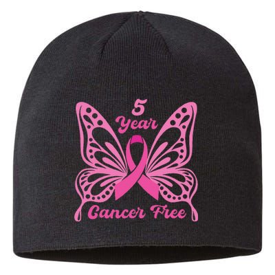 5 Year Cancer Free Breast Cancer Awareness Butterfly Women Sustainable Beanie