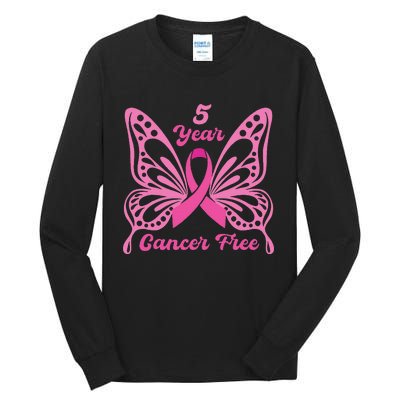 5 Year Cancer Free Breast Cancer Awareness Butterfly Women Tall Long Sleeve T-Shirt