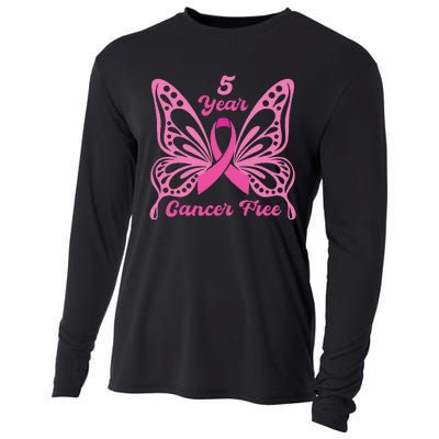 5 Year Cancer Free Breast Cancer Awareness Butterfly Women Cooling Performance Long Sleeve Crew