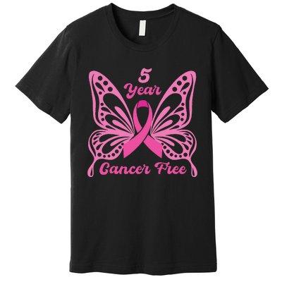 5 Year Cancer Free Breast Cancer Awareness Butterfly Women Premium T-Shirt