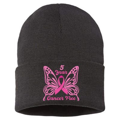 5 Year Cancer Free Breast Cancer Awareness Butterfly Women Sustainable Knit Beanie