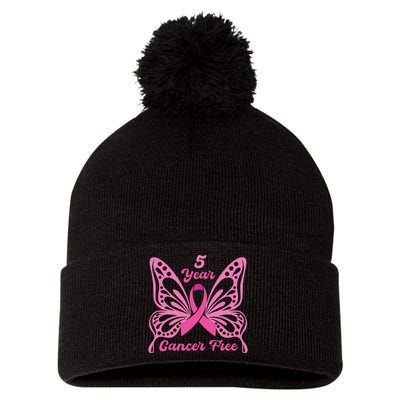 5 Year Cancer Free Breast Cancer Awareness Butterfly Women Pom Pom 12in Knit Beanie