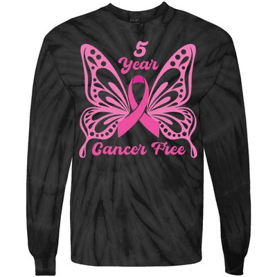 5 Year Cancer Free Breast Cancer Awareness Butterfly Women Tie-Dye Long Sleeve Shirt