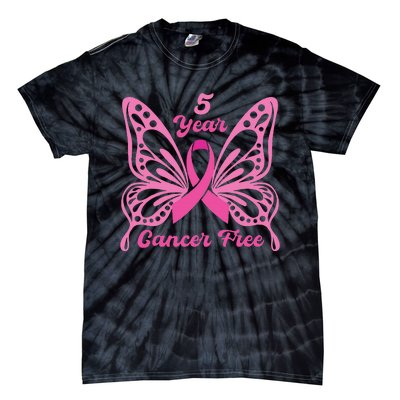 5 Year Cancer Free Breast Cancer Awareness Butterfly Women Tie-Dye T-Shirt