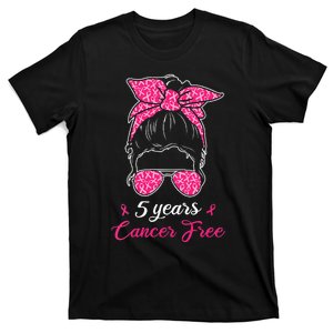 5 Year Cancer Free Breast Cancer Awareness Messy Bun Girl T-Shirt