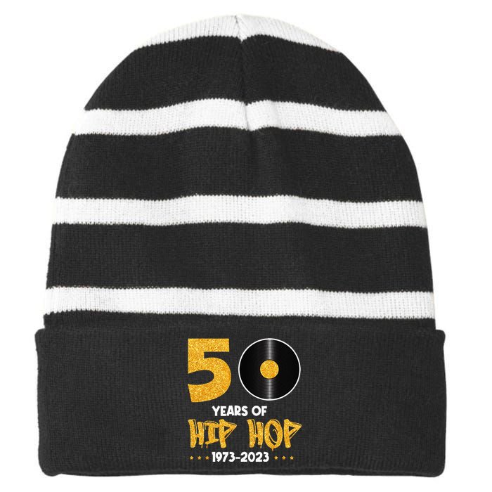 50 Years Hip Hop Vinyl Retro 50th Anniversary Celebration Striped Beanie with Solid Band