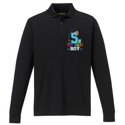 5 Year Old Fishing 5th Birthday Bday Party Decorations Performance Long Sleeve Polo