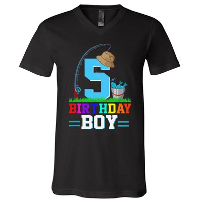 5 Year Old Fishing 5th Birthday Bday Party Decorations V-Neck T-Shirt