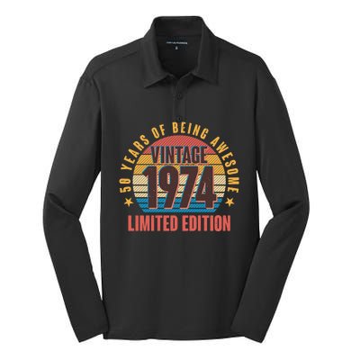 50 Years Of Being Awesome 1974 Limited Edition Vintage Retro Silk Touch Performance Long Sleeve Polo