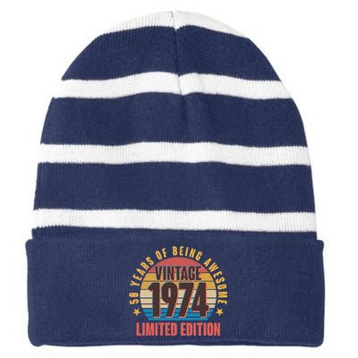 50 Years Of Being Awesome 1974 Limited Edition Vintage Retro Striped Beanie with Solid Band