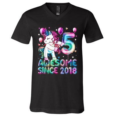 5 Years Old Unicorn Flossing 5th Birthday Girl Unicorn Party V-Neck T-Shirt