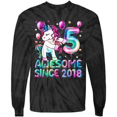 5 Years Old Unicorn Flossing 5th Birthday Girl Unicorn Party Tie-Dye Long Sleeve Shirt