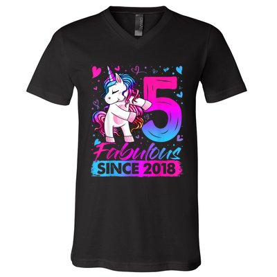 5 Years Old Flossing Unicorn Gifts 5th Birthday Girl Party V-Neck T-Shirt