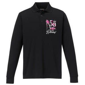 50 Years Old It's My 50th Birthday Funny Pink Diamond Shoes Performance Long Sleeve Polo