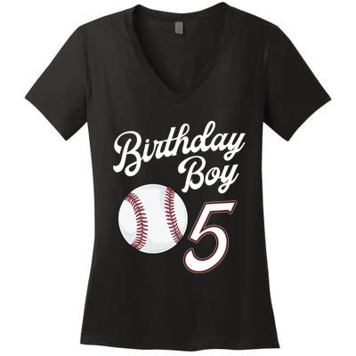 5 Years Old Baseball Themed 5th Birthday Party Sports Women's V-Neck T-Shirt