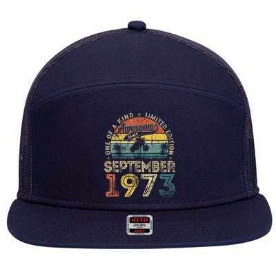 50 Years Old September 1973 Vintage Retro 50th Birthday 7 Panel Mesh Trucker Snapback Hat