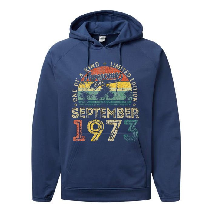 50 Years Old September 1973 Vintage Retro 50th Birthday Performance Fleece Hoodie