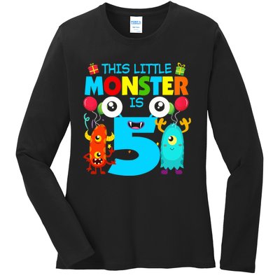 5 Year Old Gifts This Little Monster Is 5th Birthday Boy Ladies Long Sleeve Shirt