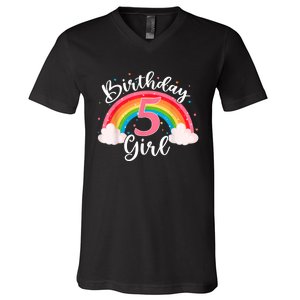 5 Years Old Birthday Girl Rainbow For Girls 5th Birthday V-Neck T-Shirt