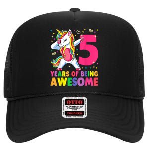 5 Years Old Unicorn Dabbing 5th Birthday Girl Unicorn Party High Crown Mesh Back Trucker Hat