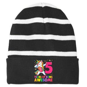 5 Years Old Unicorn Dabbing 5th Birthday Girl Unicorn Party Striped Beanie with Solid Band