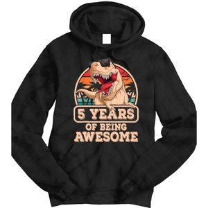 5 Years Of Being Awesome T Rex Dinosaur 5th Birthday Dino Tie Dye Hoodie