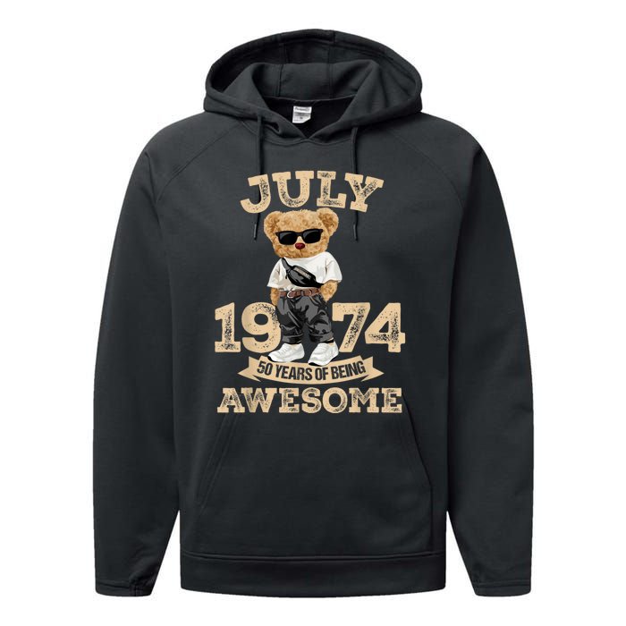 50 Years Of Being Awesome July 1974 Cool 50th Birthday Gift Performance Fleece Hoodie