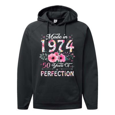 50 Year Old Made In 1974 Floral 50th Birthday Gifts Performance Fleece Hoodie