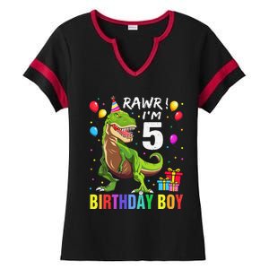 5 Year Old 5th Birthday Boy T Rex Dinosaur Ladies Halftime Notch Neck Tee