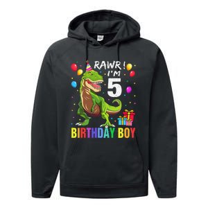 5 Year Old 5th Birthday Boy T Rex Dinosaur Performance Fleece Hoodie