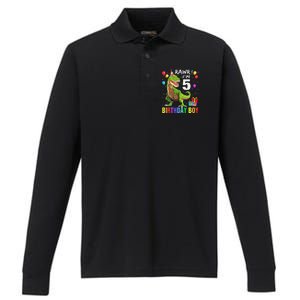 5 Year Old 5th Birthday Boy T Rex Dinosaur Performance Long Sleeve Polo