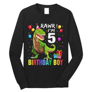 5 Year Old 5th Birthday Boy T Rex Dinosaur Long Sleeve Shirt