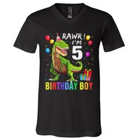 5 Year Old 5th Birthday Boy T Rex Dinosaur V-Neck T-Shirt