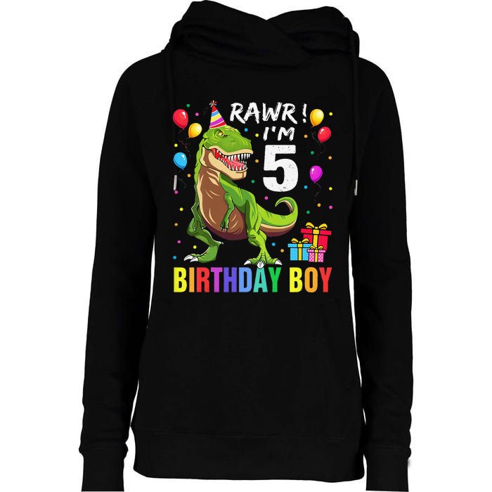 5 Year Old 5th Birthday Boy T Rex Dinosaur Womens Funnel Neck Pullover Hood