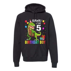 5 Year Old 5th Birthday Boy T Rex Dinosaur Premium Hoodie