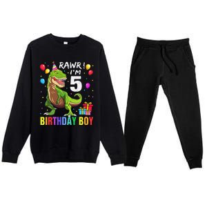 5 Year Old 5th Birthday Boy T Rex Dinosaur Premium Crewneck Sweatsuit Set