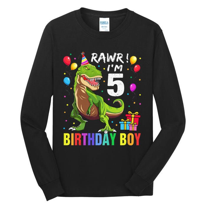 5 Year Old 5th Birthday Boy T Rex Dinosaur Tall Long Sleeve T-Shirt