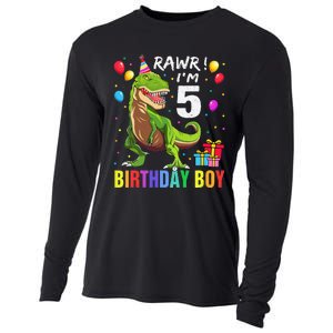 5 Year Old 5th Birthday Boy T Rex Dinosaur Cooling Performance Long Sleeve Crew