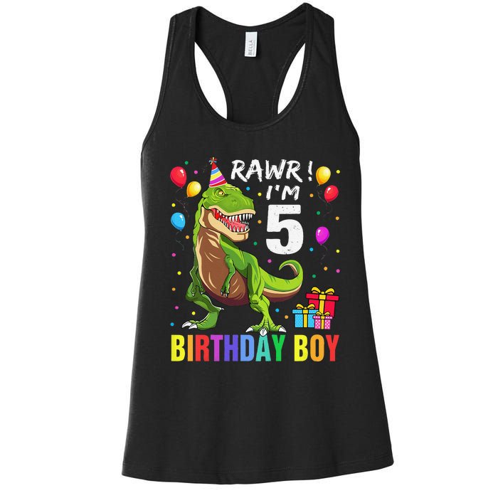 5 Year Old 5th Birthday Boy T Rex Dinosaur Women's Racerback Tank