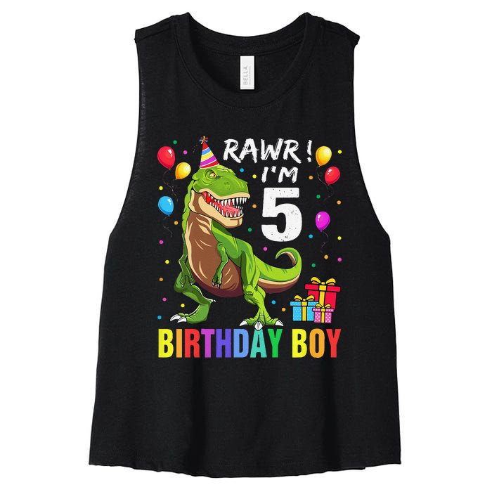 5 Year Old 5th Birthday Boy T Rex Dinosaur Women's Racerback Cropped Tank